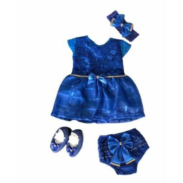 Imagem de Kit Vestido Calcinha Sapatinho Laço Roupa Bebe 0-6 meses 4pc - Lala Lu