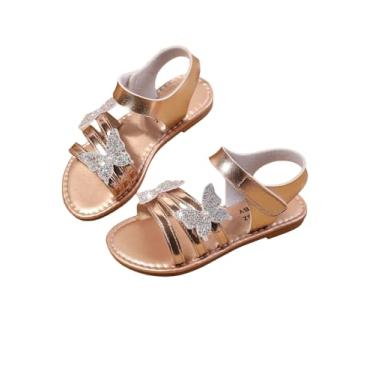 Imagem de GORGLITTER Sandália feminina com tira no tornozelo e tira no tornozelo, strass metálico, verão, praia, férias, Ouro rosa, 13.5 Big Kid