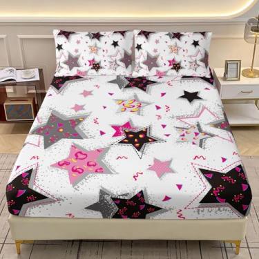 Imagem de AILONEN Jogo de cama solteiro com estampa de estrelas fofas, 3 peças, rosa, preto e branco, com 2 fronhas, desenho animado estrelado para crianças, meninos e meninas