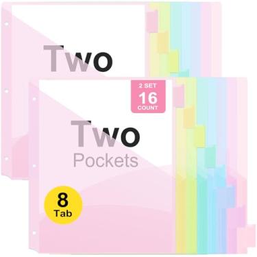 Imagem de Divisórias de fichário com dois bolsos, 8 divisórias para fichário de 3 anéis, tamanho carta, divisória de plástico durável com abas, abas grandes inseríveis, pastel (2 conjuntos)