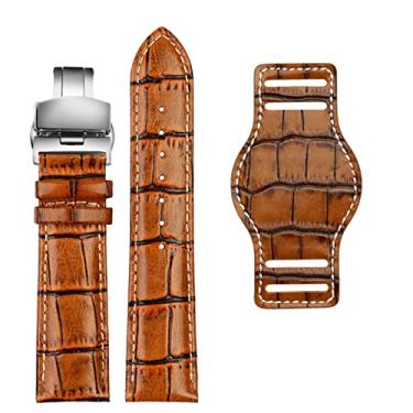 Imagem de HSPTR Pulseira masculina de couro genuíno de 20 mm e 22 mm com tapete, pulseira de couro artesanal (marrom, prata, dobrável, 20 mm)