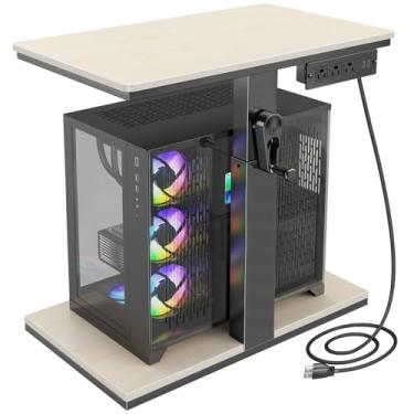 Imagem de CSIHOP Suporte de torre de computador ajustável em altura com rodas e estação de carregamento, suporte de PC de 2 níveis para chão ou carpete, suporte de PC sob a mesa para ATX, escritório, casa, sala