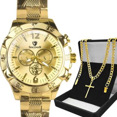 Imagem de Kit Masculino Relógio Analógico Aço Inoxidável Banhado Dourado com Cor