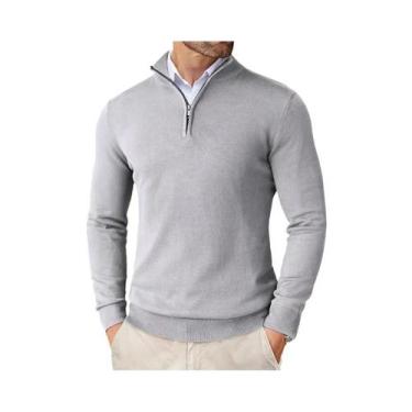 Imagem de Suéter Casual Masculino Slim Fit Com Zíper De 1/4, Leve, Gola Alta, Tr