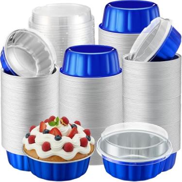 Imagem de Gejoy 180 peças de ramequins descartáveis de 227 g com tampas, copos de folha de alumínio com tampas, cupcake de sobremesa creme brulee, forro de cupcake para festa de pudim e sobremesa (azul precioso