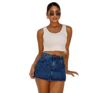 Imagem de SHORTS SAIA JEANS FEMININO CINTURA ALTA COM DETALHE NA COSTURA-Feminino