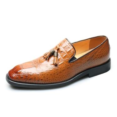 Imagem de Sapato masculino de couro PU casual mocassim masculino com borla sem cadarço elegante e confortável formal, Marrom, 38