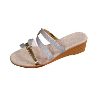 Imagem de Sandálias femininas modernas, casuais, versáteis, com boca de peixe, combinando, respirável, férias, verão, salto cunha, sandálias de praia, chinelos femininos, material de poliuretano, Prata, 35