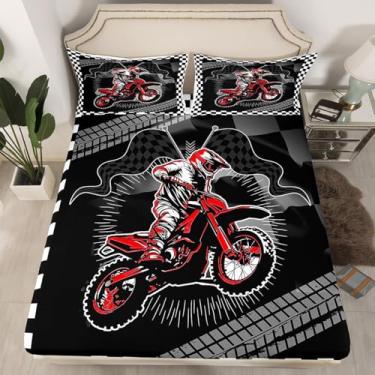 Imagem de Feelyou Jogo de lençol com elástico de 40,6 cm de altura para crianças, meninos e meninas, motocross, esportes radicais, decoração de quarto de motocicleta