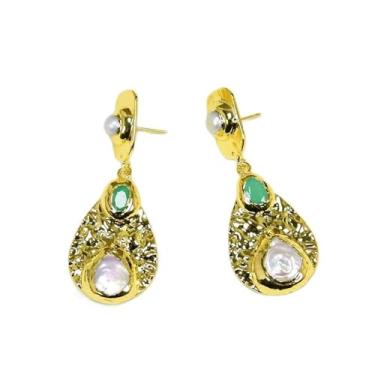 Imagem de DWBPGVUN Brincos de pérola Keshi branco cultivado verde jade pavimentado banhado a ouro para mulheres joias de festa presentes