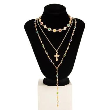 Imagem de tincolia Joias de luxo com pingente de cruz em forma de coração, design em camadas de cristal, gargantilha de flor pequena incrustada de diamante