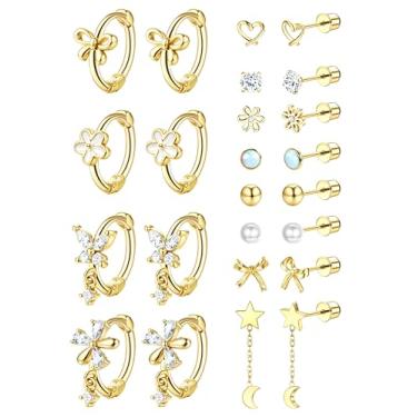 Imagem de GEMQUEEN 12 pares de brincos femininos hipoalergênicos de aço inoxidável: brincos traseiros banhados a ouro 14K para orelhas sensíveis, brincos fofos, argolas de pressão, coração de zircônia cúbica