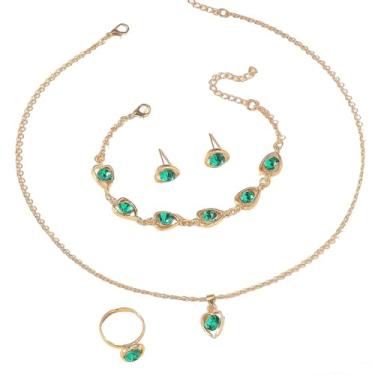 Imagem de FLORA Conjunto de colar brincos anel e pulseira em formato de coração conjunto de colar em formato de coração conjunto de colar em liga metálica moda feminina (DOURADO/VERDE)