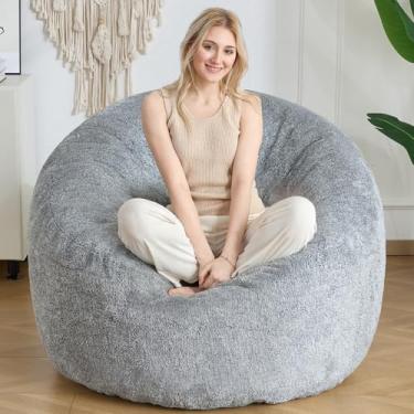 Imagem de SHOUREN Cadeira grande, pufe de tecido sherpa, sofá com encosto, confortável para adultos/adolescentes, sofá macio de espuma de memória, cinza