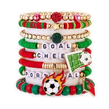 Imagem de Conjunto de pulseiras de futebol femininas empilháveis com contas elásticas 2026, joias de dia de jogo com pingentes esportivos, acessórios para fãs e pulseiras da amizade, Large, Argila de polímero