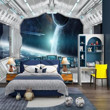 Imagem de FLFK Papel de parede com vista interior de nave espacial 3D universo oficina espaço sideral papel de parede ciência explorar estação murais de parede para quarto de crianças papel de parede berçário