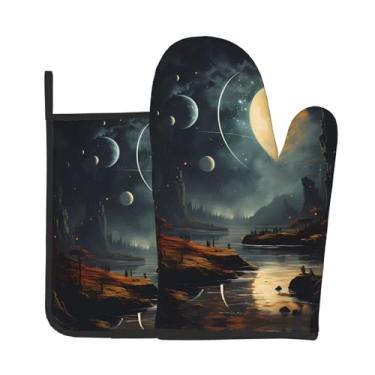 Imagem de Conjunto de luvas de forno com estampa de estrelas e planetas da lua, conjunto de 2 peças, adequado para cozinhar, assar e grelhar ao ar livre