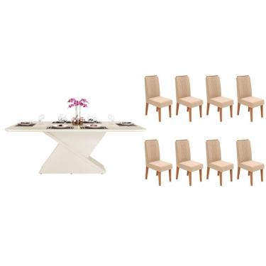 Imagem de Sala de Jantar Completa Zafira c/ Tampo Madeirado c/ Vidro Curvo 200x100cm e 8 Cadeiras Lia Off White - Freijo/Suede Kraft - DJ Móveis