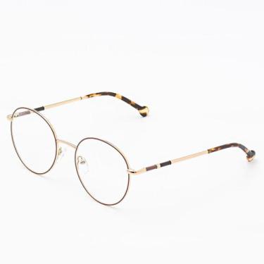 Imagem de Armação Óculos Grau Metal Redondo Unissex - Mavi Cor:Dourado com marro