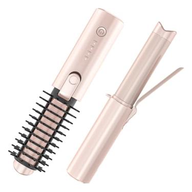 Imagem de Youbella Escova de cabelo sem fio, modelador de cabelo portátil para viagem, mini escova redonda aquecida de 3 cm, varinha alisadora recarregável 3 em 1 USB para pentear e suavizar, 200 milhões de