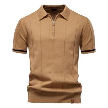 Imagem de Camisa Polo Masculina Slim Fit De Cor Sólida Com Zíper AIOPESON Para A