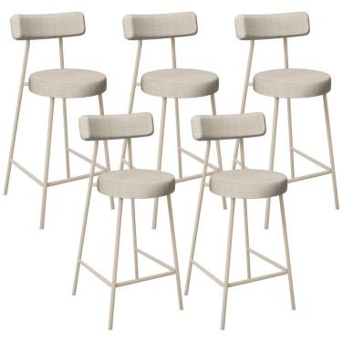 Imagem de Kit 05 Banquetas Baixa Cozinha Sala Jantar Bancada Milão Arena L02 Linho Palha - Lyam Decor