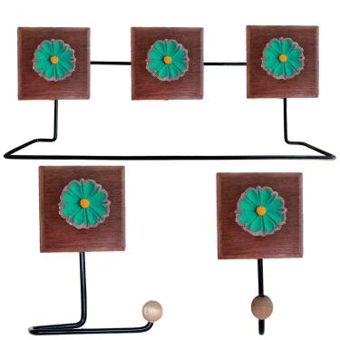 Imagem de Kit Banheiro 3 Peças Toalheiro Cabideiro Porta Papel Papel Com Flores Coloridas Cor Verde