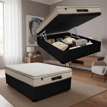 Imagem de Cama Box Baú Casal Suede + Colchão Cloud Pillow Top Molas Ensacadas Luckspuma 138x188x74 Preto