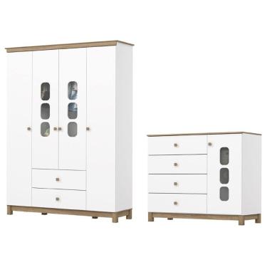 Imagem de Guarda Roupa 4 Portas e Comoda 4 Gavetas Aconchego Branco Jequitiba  Henn