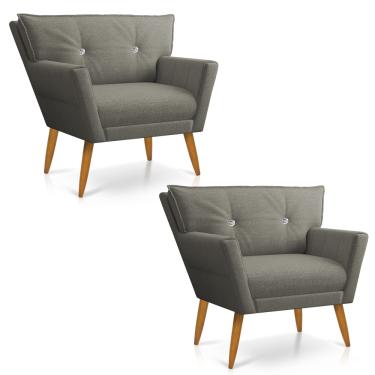 Imagem de Kit 02 Poltronas Anitta com Strass Linho Grafite A26 Pés Palito Castanho - D'Rossi