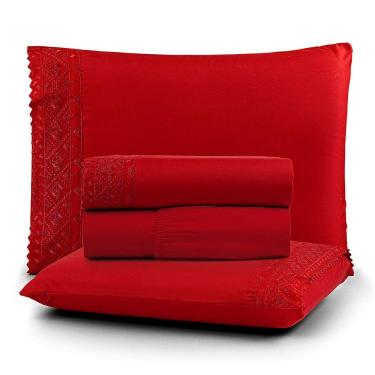 Imagem de Jogo De Lençol Nobre Casal 4 Peças Micropercal 200 Fios Bordado Inglês Fino - Carmim - 100% Poliéster