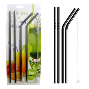 Imagem de Canudos Aço Inox Metal Preto Kit 4 Reutilizaveis Retos Curvos Escova Limpeza