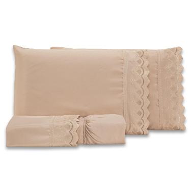 Imagem de Jogo De Cama Lençol Queen Sublime Bordado Inglês Percal 300 Fios Com Fronhas 04 Peças - Toque Acetinado Cor Caqui
