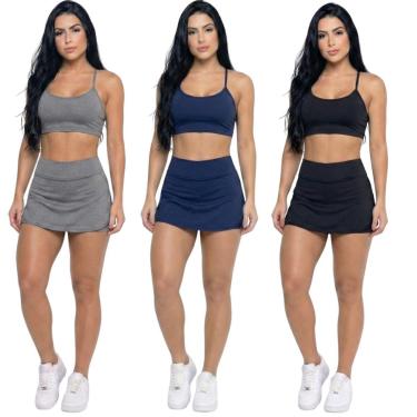 Imagem de KIT 3 Conjunto Top Alça Fina E Short Saia Vekyo Roupa Para Academia Treino Moda Fitness Musculação-Feminino