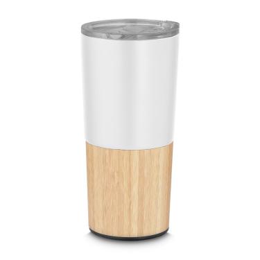Imagem de Copo Térmico Bambu em Aço Inox Parede Dupla 550ML para Bebidas com Isolamento a Vácuo e Tampa Vedação Branco