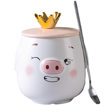 Imagem de seelucky Caneca de balão de ar quente com tampa colher caneca 3D copo de café de cerâmica xícara de chá lua escritório casa (porquinho piscando, 350 ml)