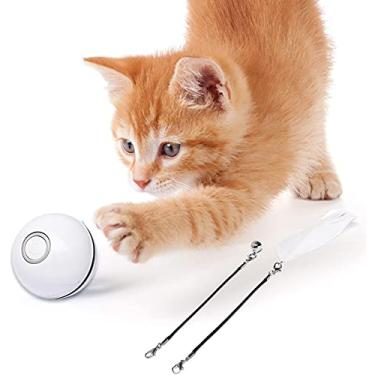 Imagem de Bola de brinquedo para gatos com luz de LED e penas, brinquedo de penas de sino, brinquedos inteligentes para animais de estimação, rotação automática, brinquedo inteligente para gato, recarregável por USB, rolo de caça divertido (branco)