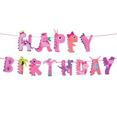 Imagem de Faixa Dinoaur rosa, suprimentos de festa de aniversário de dinossauro de bebê rosa para meninas, bandeira de dinossauro para menina, suprimentos de festa de aniversário de 2 anos de dinossauro rosa