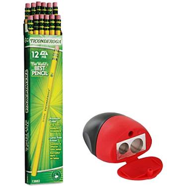 Imagem de Lápis de madeira Dixon Ticonderoga, 2 HB, amarelo, caixa com 12, incluindo apontador de lápis de orifício duplo gratuito bônus (edição vermelha N preta)