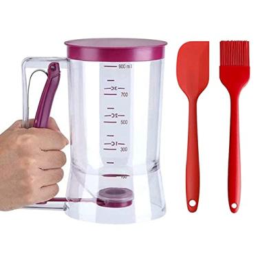 Imagem de Dispensador de massa de panqueca para cupcakes | Frasco de 900 ml de batedeira manual com etiqueta de medição e suporte de alça de silicone para cupcakes, crepes, waffles e mais
