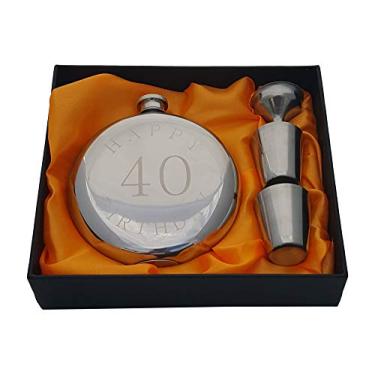 Imagem de Palm City Products Conjunto de presente de 40º aniversário - Frasco de aço inoxidável prata com copos de shot e funil - 290 ml - Forma redonda - Acabamento polido