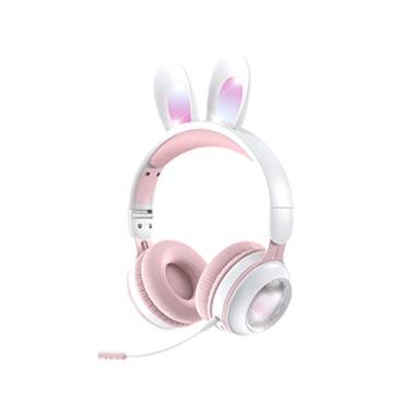 Imagem de Fones de ouvido de orelha de coelho sem fio com microfone, jogo fofo rgb estéreo jogo dobrável aux 3,5mm tf card hapntes de orelha excessiva ajuste infantil garotas pink/white