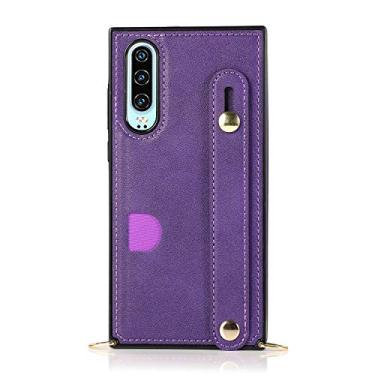 Imagem de Caso de capa de telefone de proteção Para Huawei P30 Carteira Caso Crossbody Leather Case Caixa de mão, Kickstand, suporte de cartão, ajustável alça de ombro removível para Huawei P30 (Color : Purple