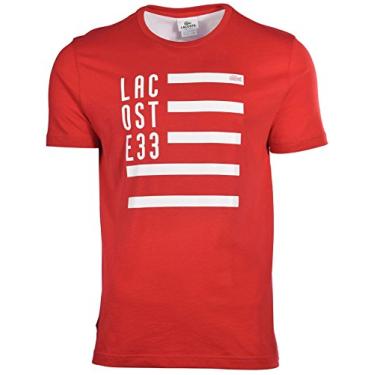Imagem de Lacoste Camiseta masculina com bandeira de listras largas, Vermelho, Large