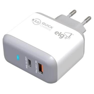 Imagem de ELG, WC2S-PDQC, Carregador de Parede Universal, 1 Saída USB-C + 1 Saída USB-A, Carga Rápida, Quick Charge 3.0A e Power Delivery, Bivolt Automático, Branco
