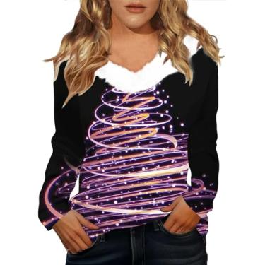 Imagem de Elogoog Camiseta feminina Merry Christmas Pullover Merry and Bright Off Shoulder Shirt Vintage Cute Christmas Tree Shirt, Roxa, G