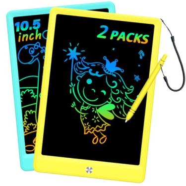 Imagem de BUKEBU Tabuleta de escrita LCD, bloco de desenho colorido, mesa de desenho eletrônico, blocos de desenho, presentes de viagem para crianças de 3, 4, 5, 6, 7 e 8 anos (26,7 cm, azul e amarelo)