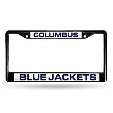 Imagem de Moldura para placa de licença cromada padrão incrustada com corte a laser NHL Rico Industries, jaquetas azul Columbus, 15 x 31 cm