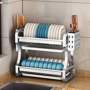 Imagem de Rack de pratos, rack de secagem de pratos de 2 camadas de aço inoxidável 304, rack de escorredor de pratos com bandeja coletora, com suporte para utensílios, suporte para placa de corte, esc