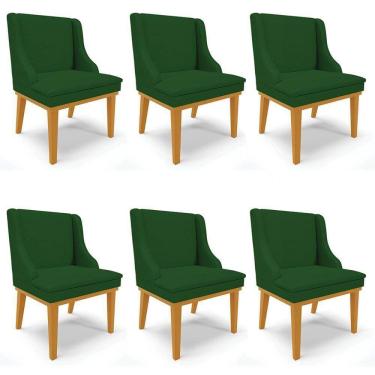 Imagem de Kit 6 Cadeiras Estofadas Para Sala De Jantar Base Fixa De Madeira Castanho Lia Veludo Verde